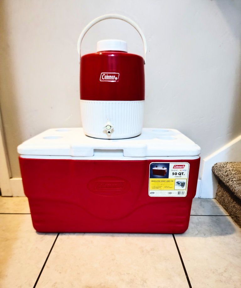 Coleman cooler and water jug