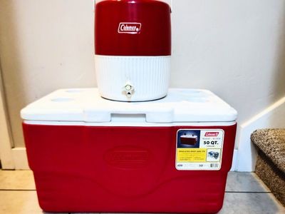 Coleman cooler and water jug