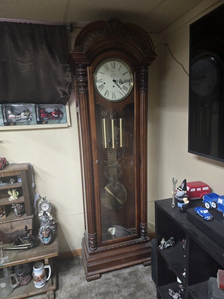 Vintage Wooden Grandfather Clock with Pendulum and Chimes