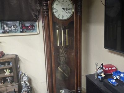 Vintage Wooden Grandfather Clock with Pendulum and Chimes