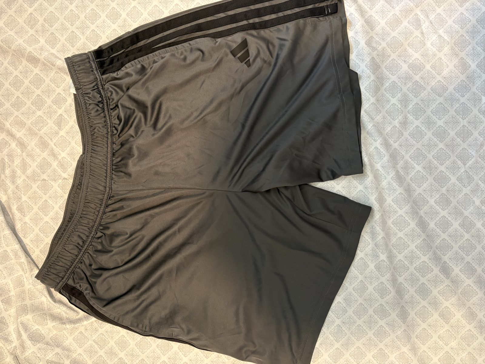 Adidas Men's Gray Athletic Shorts with Black Stripes - Size L
