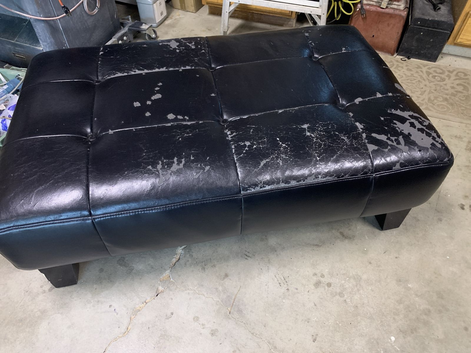 Black Tufted Faux Leather Ottoman Bench - Heavy Peeling