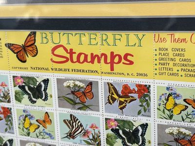 Vintage 1960s framed National Wildlife Conservation stamps, butterfly,songbirds, Ranger Rick, songbirds, wildflowers