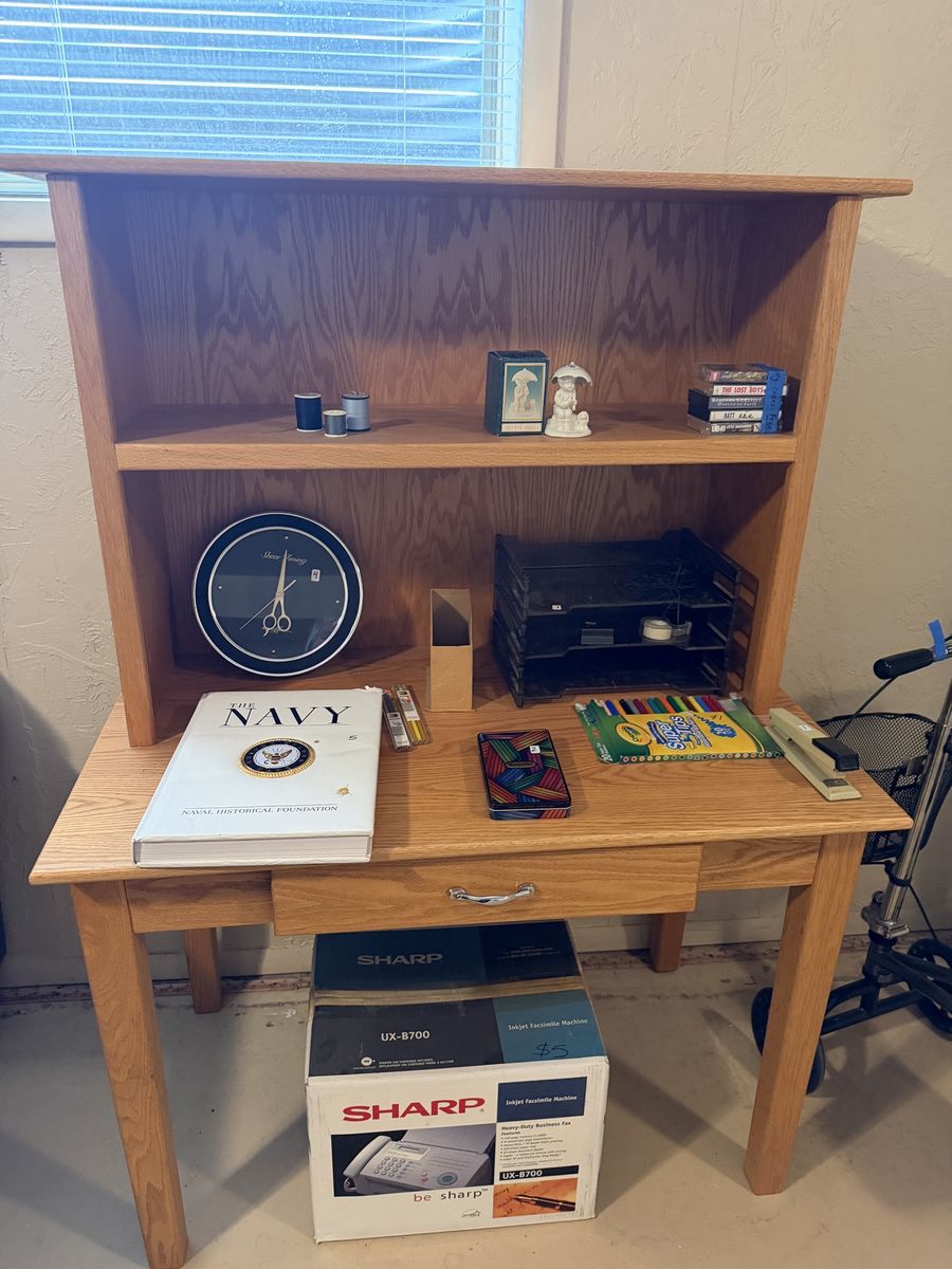 Oak Finish Wood Desk with Hutch and Drawer - Compact Home Office Furniture