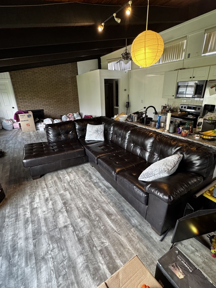 Dark Brown Faux Leather Sectional Sofa with Ottoman - Tufted Cushions