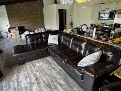 Dark Brown Faux Leather Sectional Sofa with Ottoman - Tufted Cushions