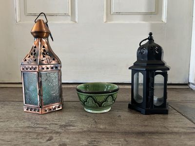 Set of 2 Decorative Lantern Candle Holders + Green Ceramic Bowl