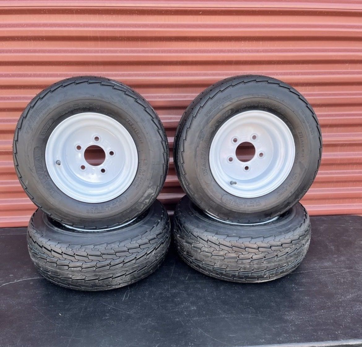 New Set of 4 Wanda 20.5X 8.00-10 Super Duty 10 Ply Snowmobile Trailer Tires Mounted on New Wheels  5 on 4.5