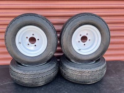 New Set of 4 Wanda 20.5X 8.00-10 Super Duty 10 Ply Snowmobile Trailer Tires Mounted on New Wheels 5 on 4.5