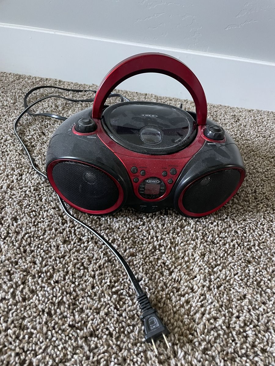 Jensen CD-490 Portable Stereo CD Player Boombox with AM/FM Radio and Aux-Input, Red/Black