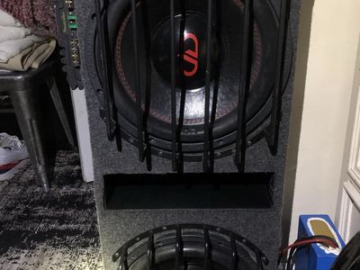 DD Audio Dual Subwoofers in Ported Enclosure with Protective Grills and Side-Mounted Amplifier