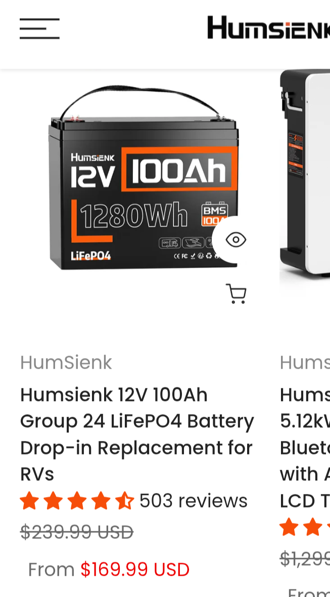 NEW! Battery Humsienk 12V 100Ah Group 24 LiFePO4 Battery Drop-in for RVs & more