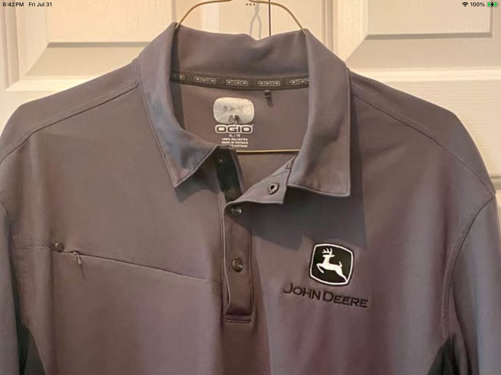 OGIO John Deere Men's Gray Polo Shirt, Size XL, Performance Fabric, Short Sleeve