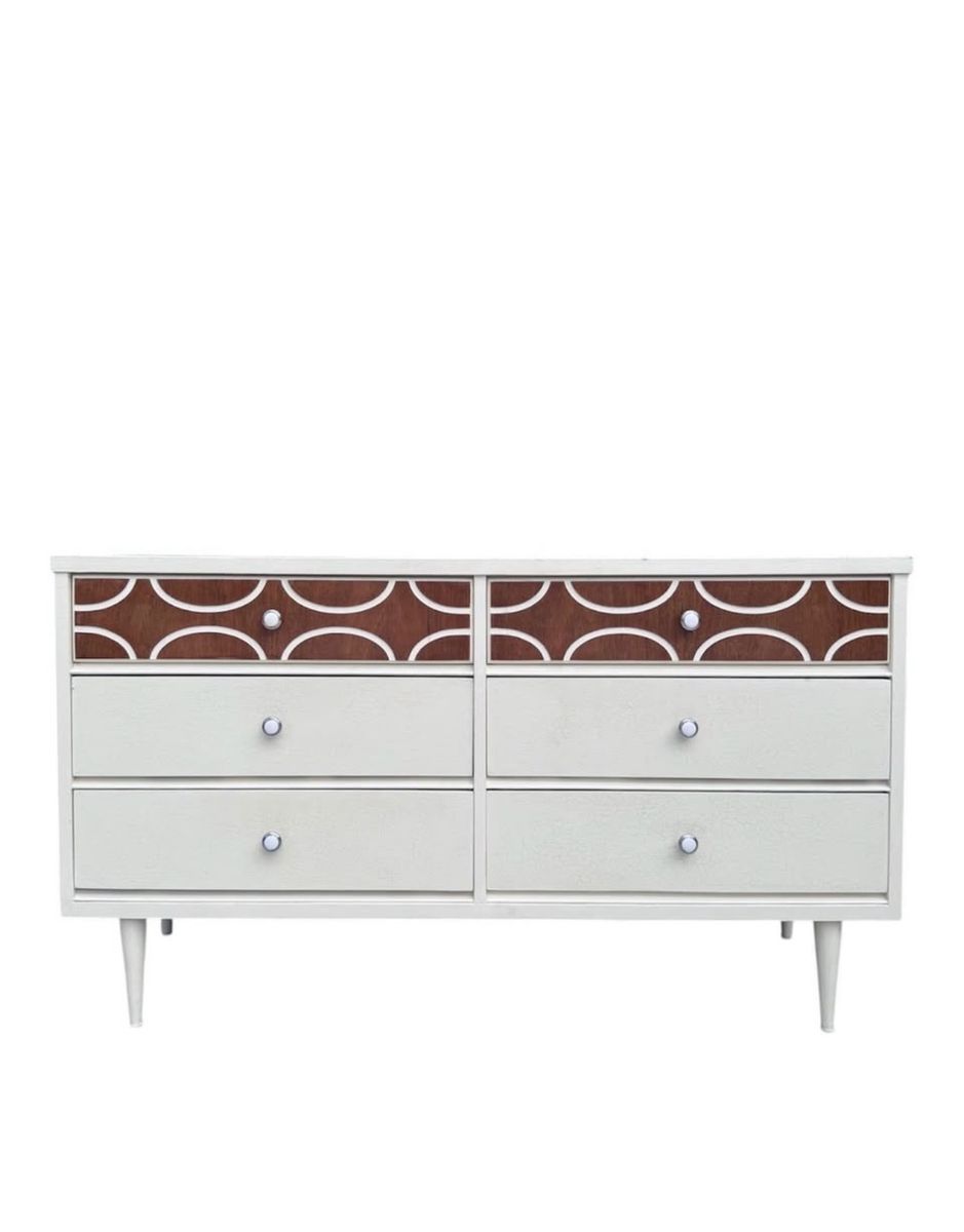 Mid-Century Modern 6-Drawer Dresser/Credenza - White & Wood Patterned Drawers