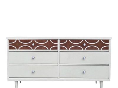Mid-Century Modern 6-Drawer Dresser/Credenza - White & Wood Patterned Drawers