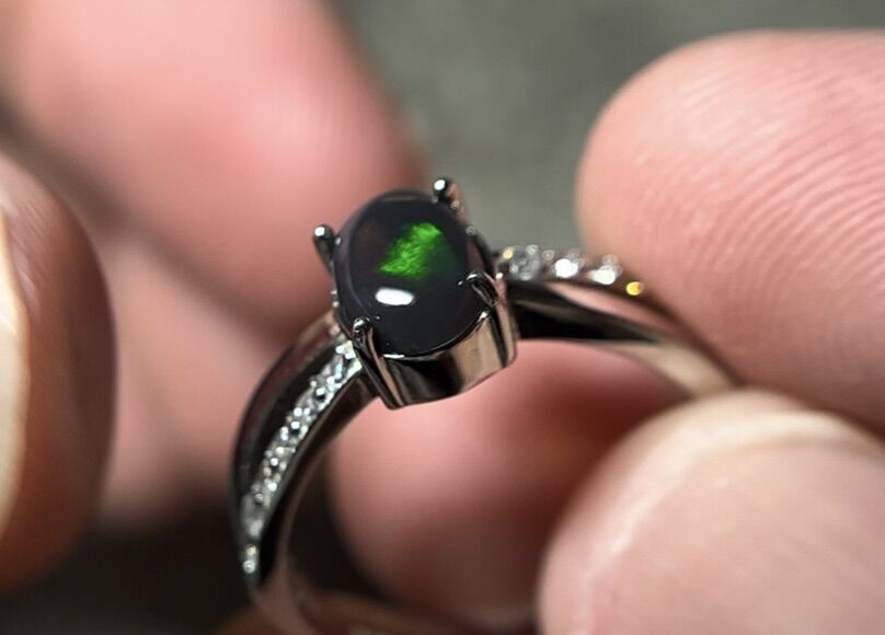Size 7 Black Crystal Sunflash Australian Opal Ring