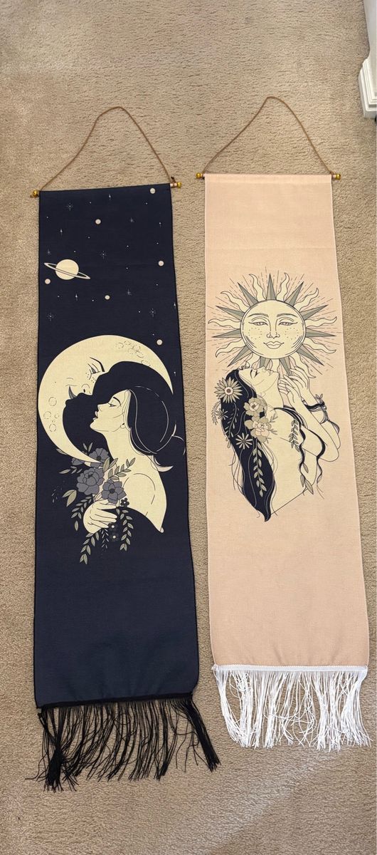 Set of 2 Celestial Sun and Moon Fabric Wall Hanging Tapestries with Fringe