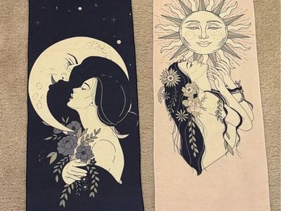 Set of 2 Celestial Sun and Moon Fabric Wall Hanging Tapestries with Fringe