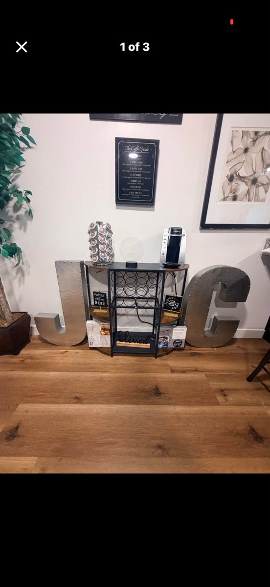 Industrial Style Metal Letters "J" and "C" - Large Wall Decor/Accent Pieces coffee bar included with decor.