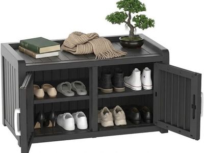 Outdoor Shoe Storage Bench, Shoe Cabinet Double Door, Black