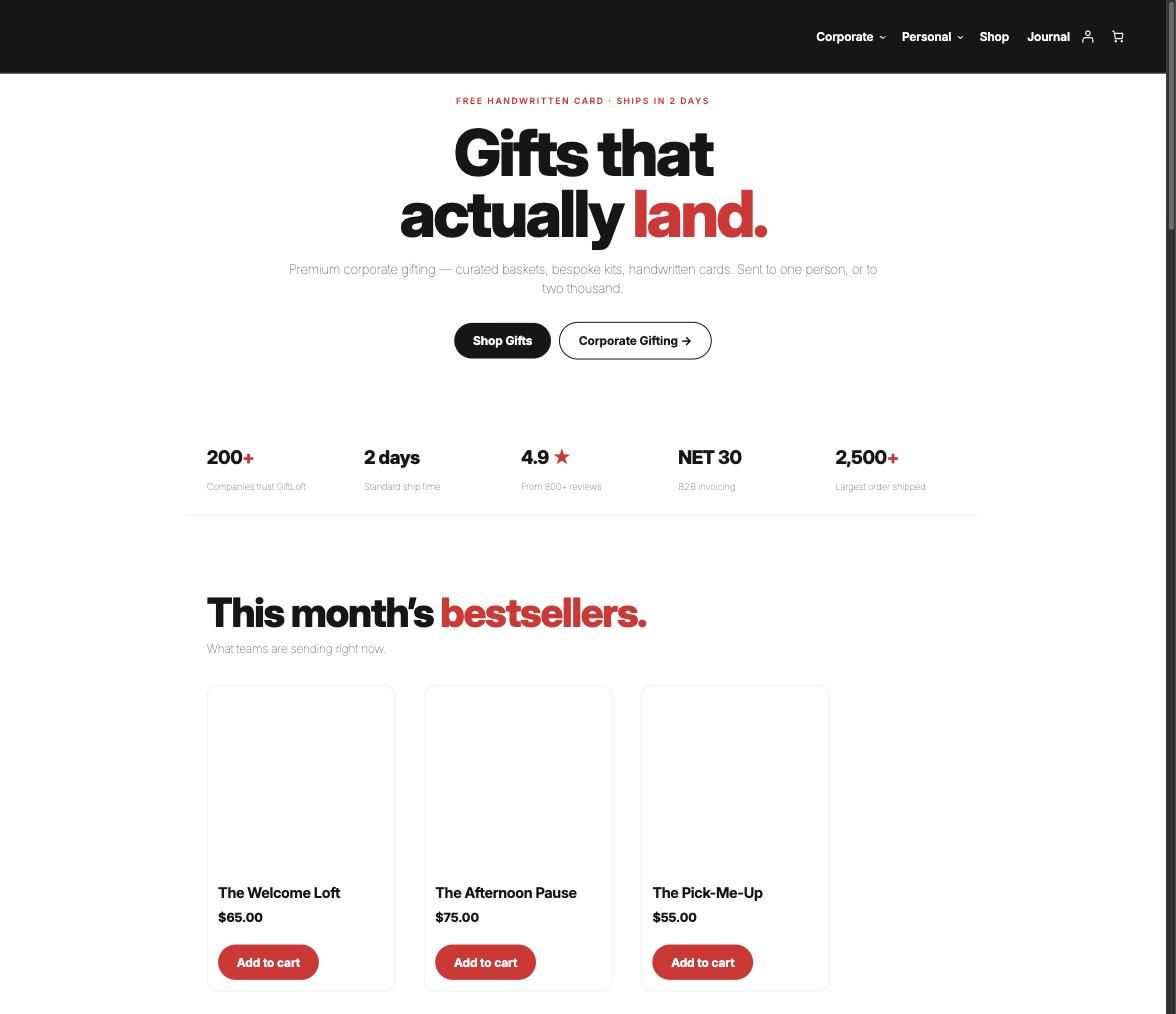 Gift Loft — Corporate Gifting Store | 17 Commercial Landing Pages, 24 SKUs, NET 30 Invoicing