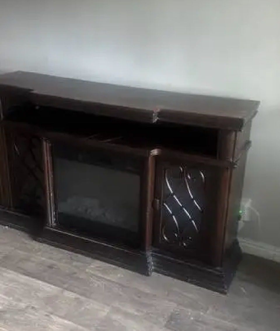 Dark Wood Electric Fireplace Media Console - Entertainment Center with Storage