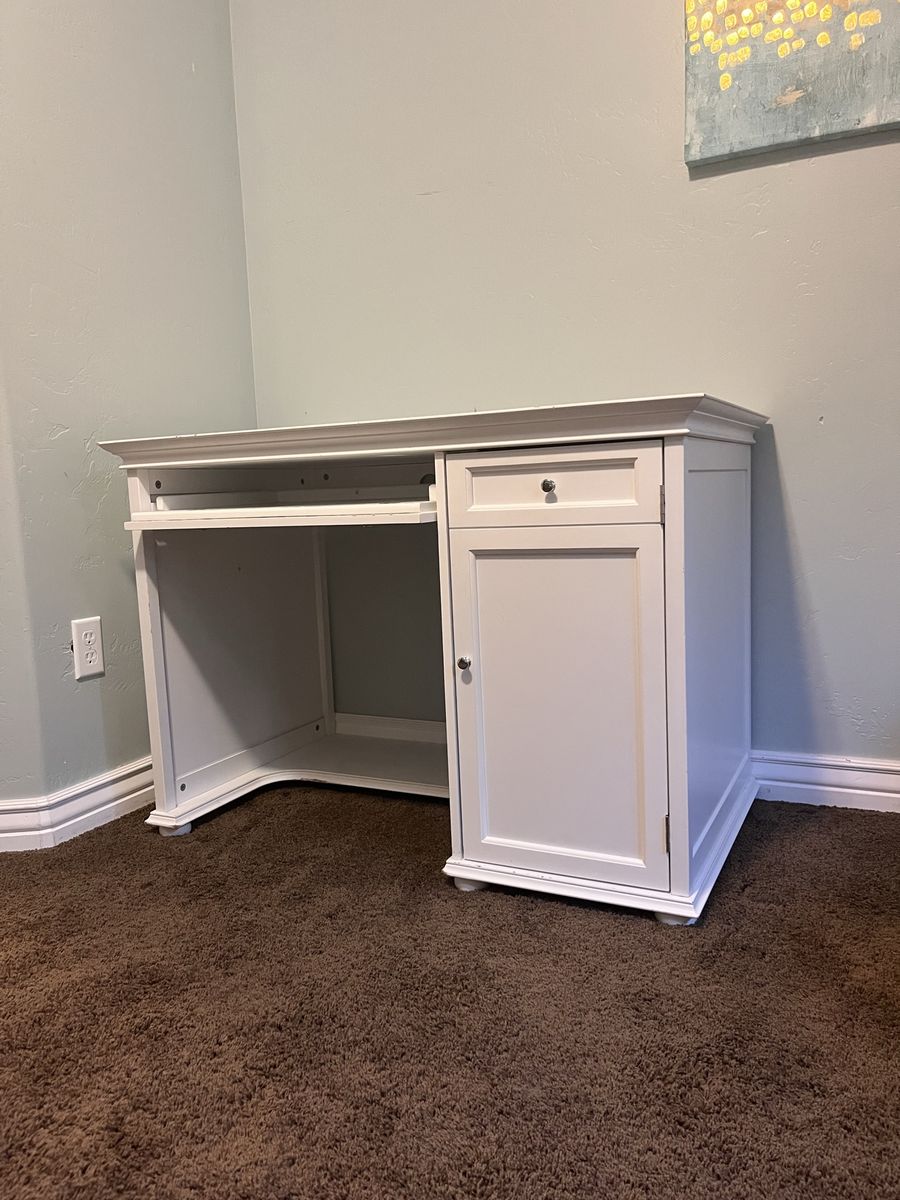 White Wood Desk with Keyboard Tray, Drawer, and Cabinet - Great for Home Office