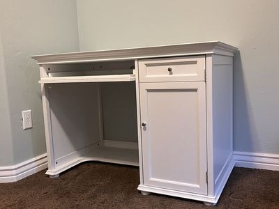 White Wood Desk with Keyboard Tray, Drawer, and Cabinet - Great for Home Office