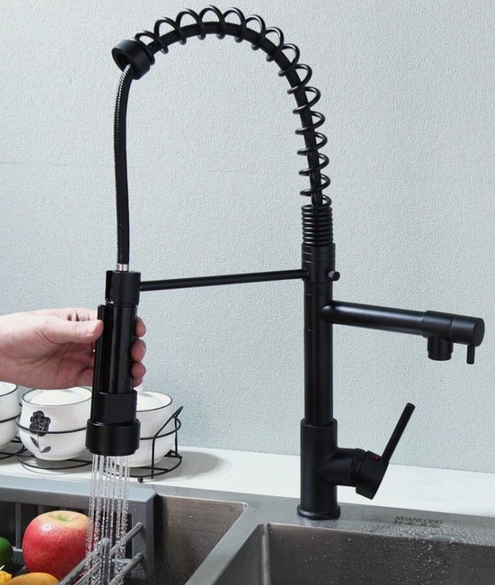 New Matte Black Kitchen Sink Pull Down Faucet 2 way Rotary Spout Mixer Water Tap