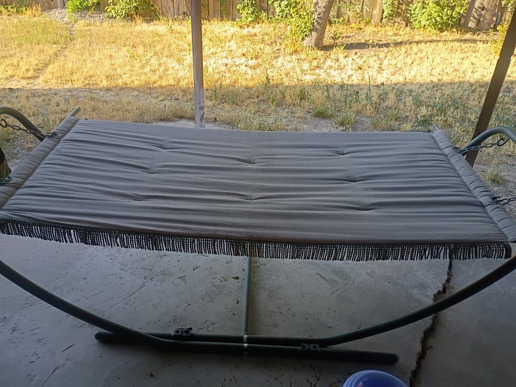 Outdoor Quilted Hammock with Stand and Fringe Trim