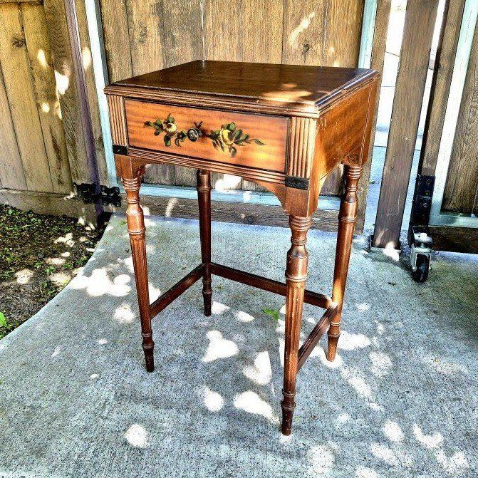 "Grand Rapids" Wood Side Table w/ Hand-Painted Floral Drawer - Accent/Entryway Table