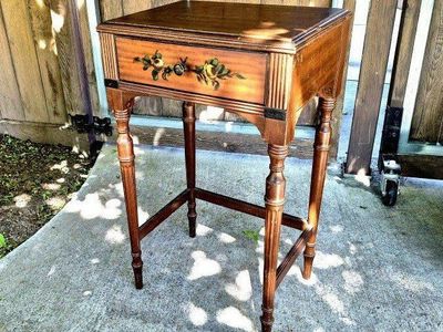 "Grand Rapids" Wood Side Table w/ Hand-Painted Floral Drawer - Accent/Entryway Table