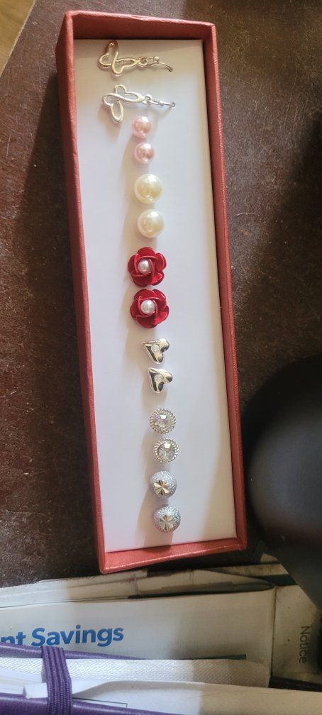 Avon Fine Romance 7 Pair Earring Set - Studs, Pearls, Roses - New in Box with Ribbon