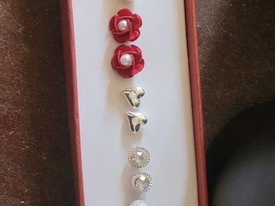 Avon Fine Romance 7 Pair Earring Set - Studs, Pearls, Roses - New in Box with Ribbon