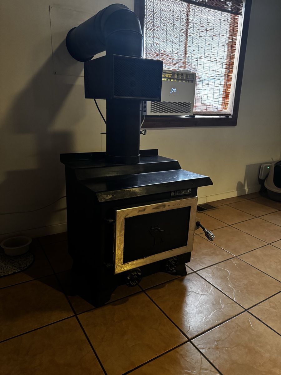 Black Wood Burning Stove with Blower Fan and Flue Pipe