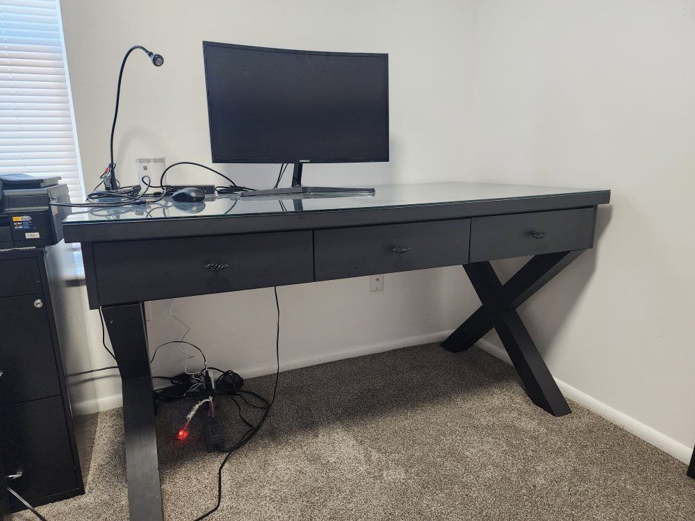 Modern Black Wood Desk with Glass Top & 3 Drawers - Stylish & Functional Home Office Furniture