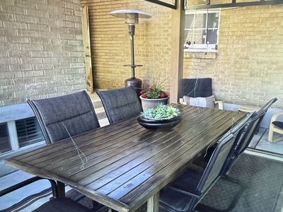 Outdoor Metal wood looking patio diningtable with 5 chairs