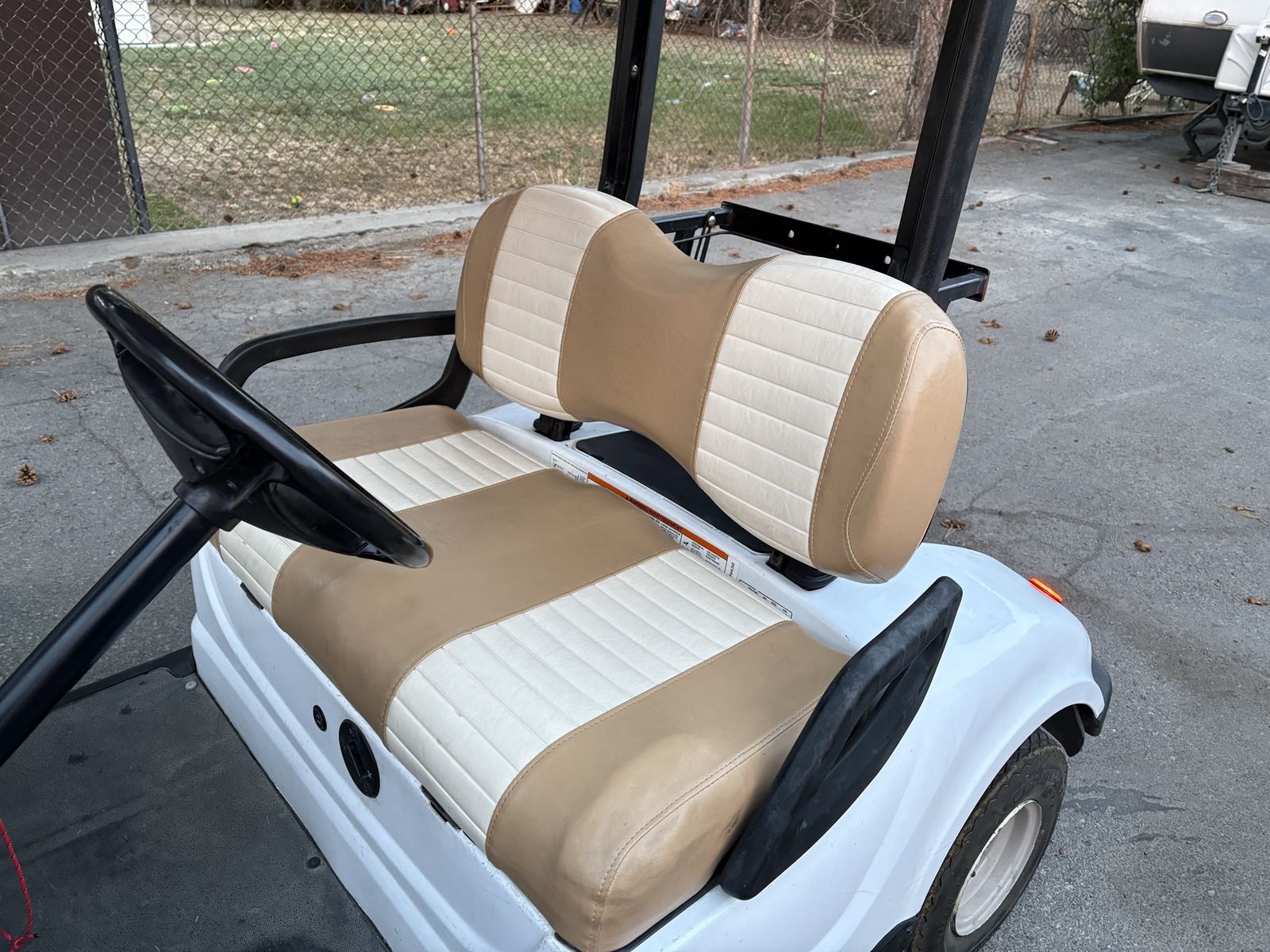 Yamaha Golf Cart - White with Tan/White Seats, Headlights, Windshield, Cargo Basket