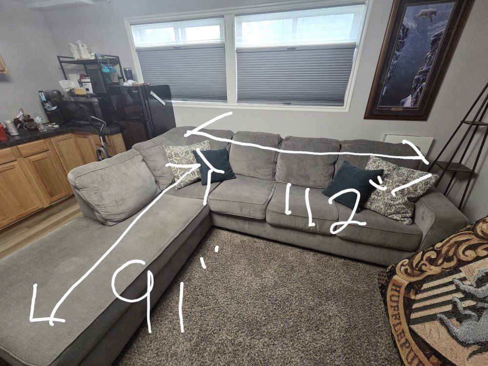Gray L-Shaped Sectional Sofa with Reversible Chaise and Ottoman - 112" x 91"
