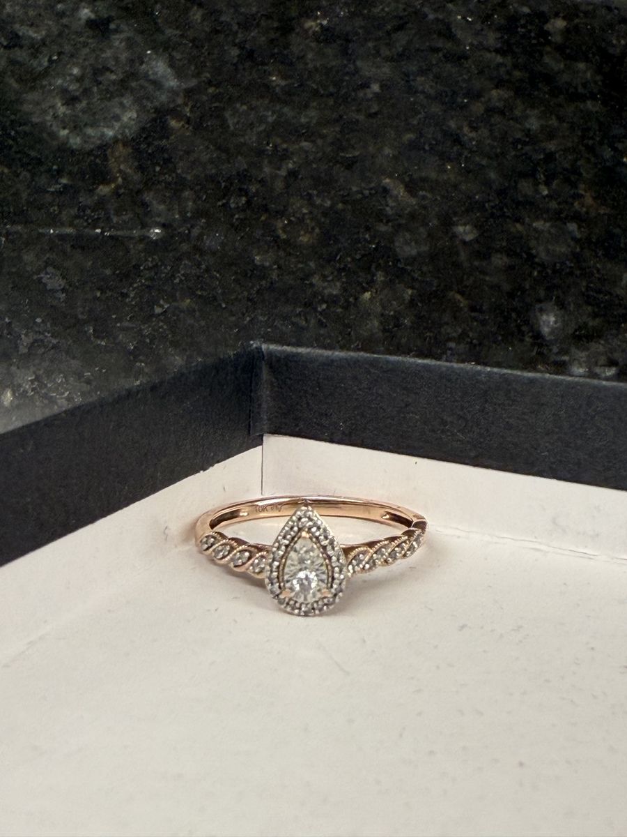 10k Rose Gold Diamond Pear Halo Twisted Band Engagement Ring, Size 7