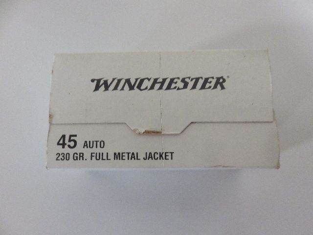 SEALED BOX OF 100 ROUNDS OF WINCHESTER 230 GRAIN FMJ .45 CAL PISTOL AMMO