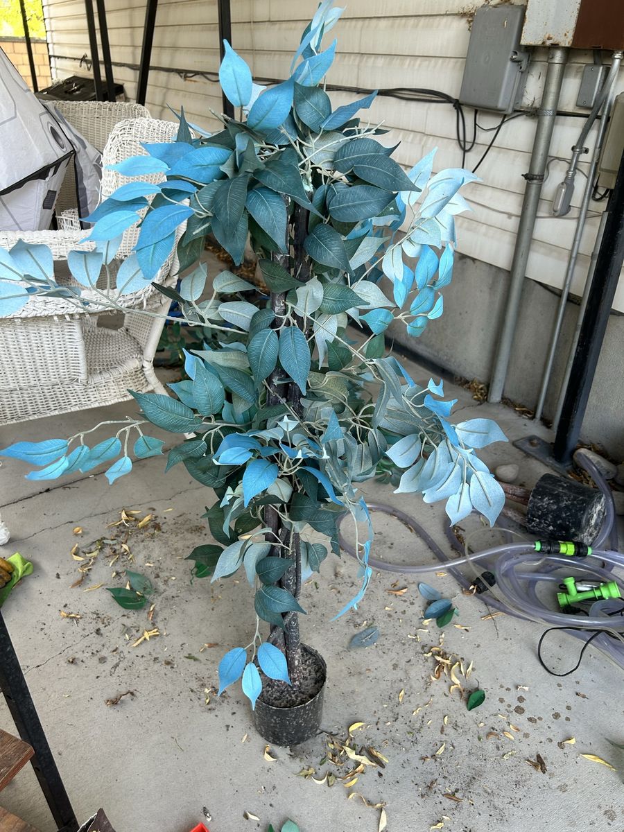 Artificial Potted Tree, Faux Plant with Blue and Green Leaves - Home Decor