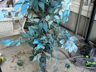 Artificial Potted Tree, Faux Plant with Blue and Green Leaves - Home Decor