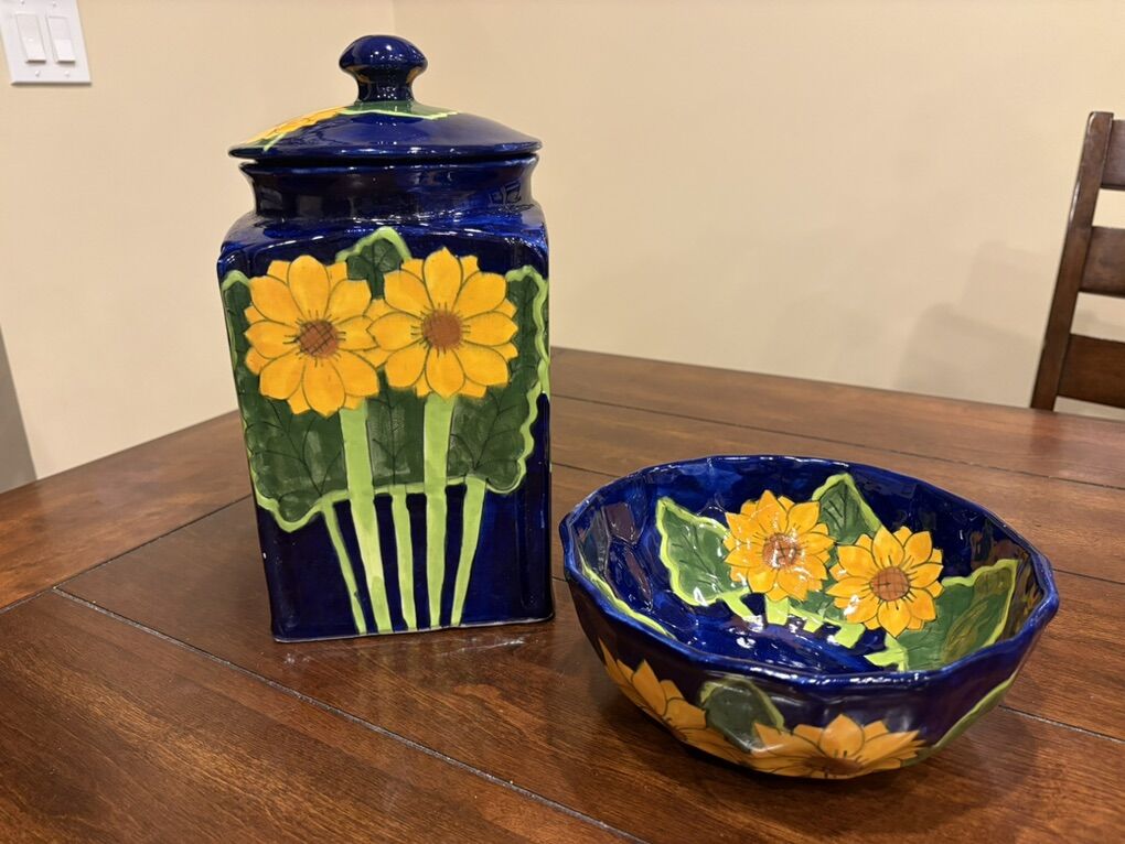 Mexico Ceramic Sunflower Canister & Bowl