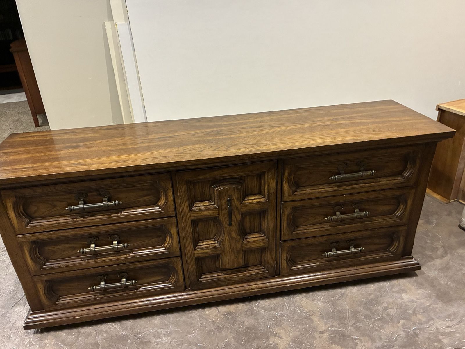 Vintage Dark Wood Dresser/Credenza - Ornate Details, 9 Drawers