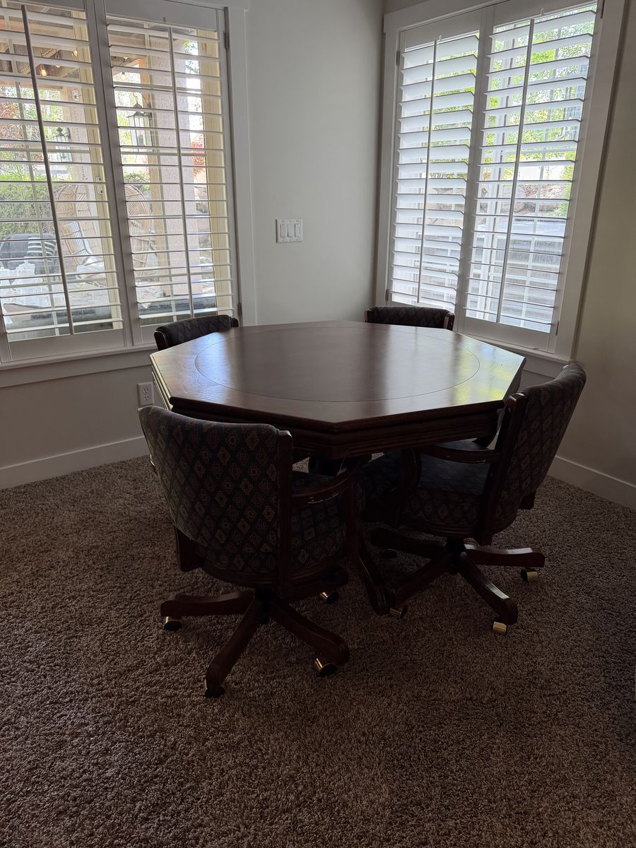 Octagon Game Table & 4 Rolling Upholstered Chairs - Wood, Poker/Cards and felt top on other side. With bumper pool underneath