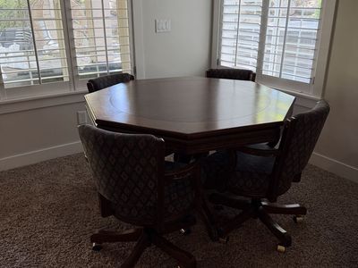 Octagon Game Table & 4 Rolling Upholstered Chairs - Wood, Poker/Cards and felt top on other side. With bumper pool underneath