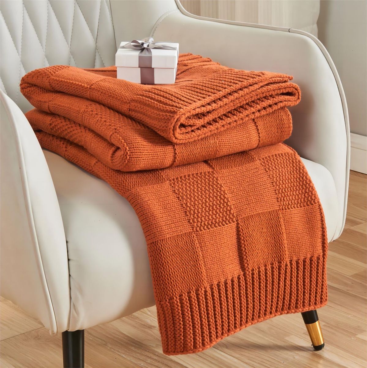 Check Knit Throw Blanket, Rust Orange Checkered Throw for Couch, Decorative Christmas Soft Cozy Warm Knitted Blanket