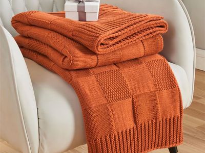 Check Knit Throw Blanket, Rust Orange Checkered Throw for Couch, Decorative Christmas Soft Cozy Warm Knitted Blanket