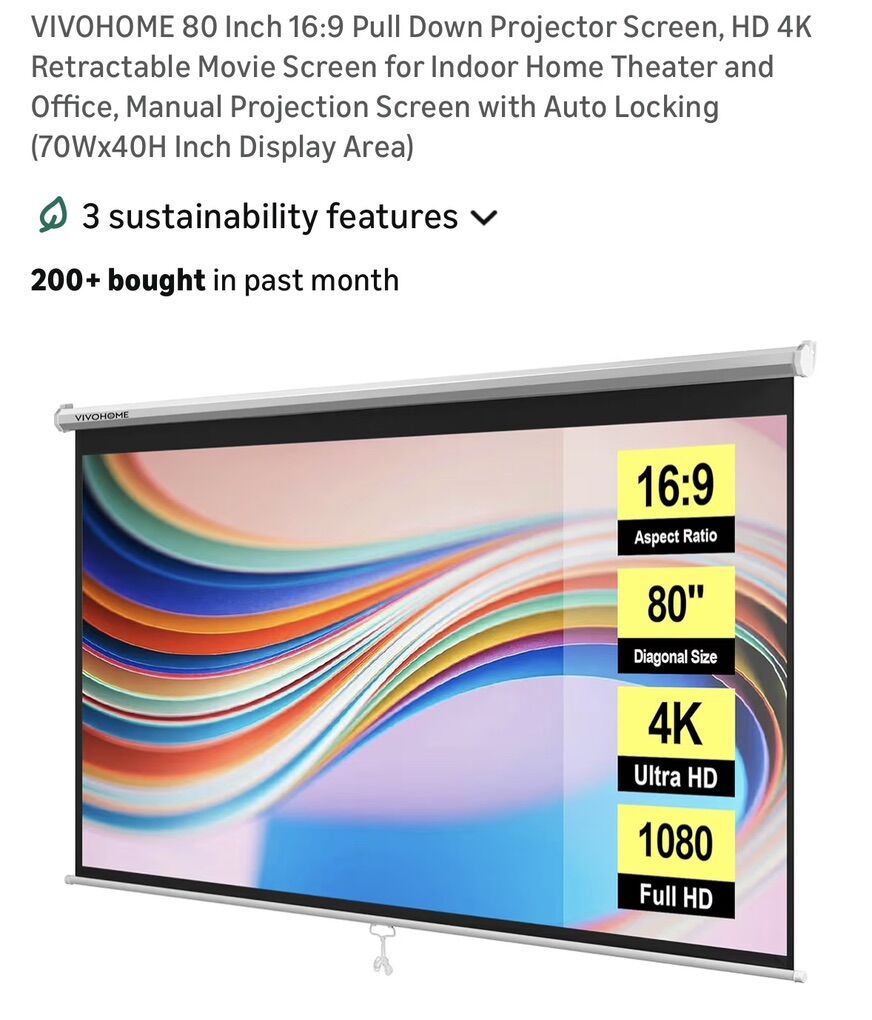 VIVOHOME 80 Inch 16:9 Pull Down Projector Screen